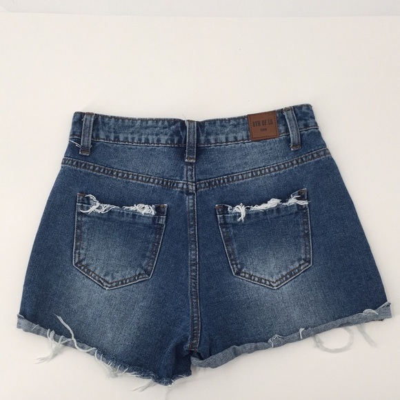 8th of LA High Waisted Jean Denim Shorts Distresse Stripe Trim Ribbon Raw Hem Sm - Picture 6 of 10